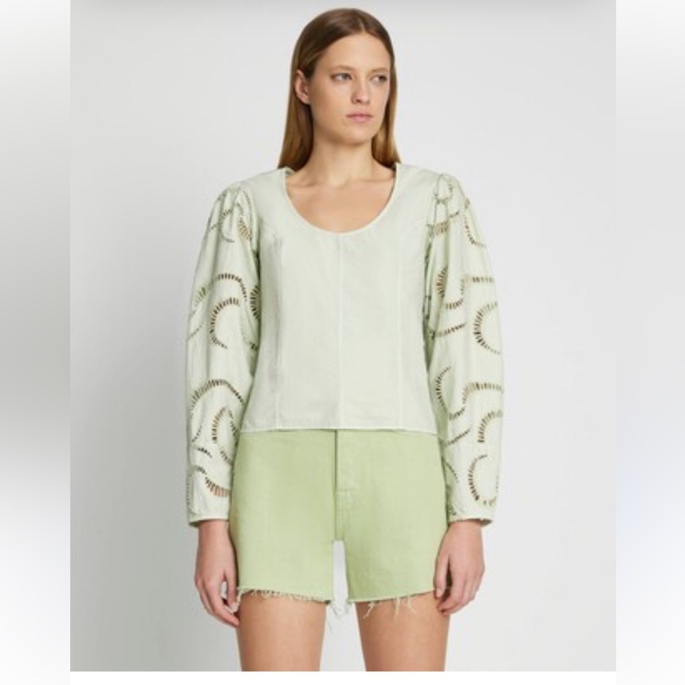7 FOR ALL MANKIND BALLOON SLEEVE EYELET TOP IN SEAFOAM NWT‎